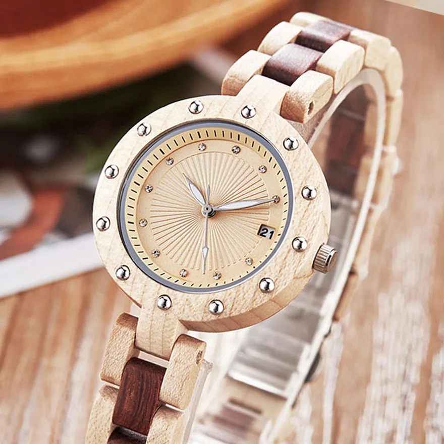 

Natural Wood Watch Women Ladies Quartz Bracelet Wristwatches Rosewood Walnut Rose Wooden Band Charm Watches Small Wrist Clock