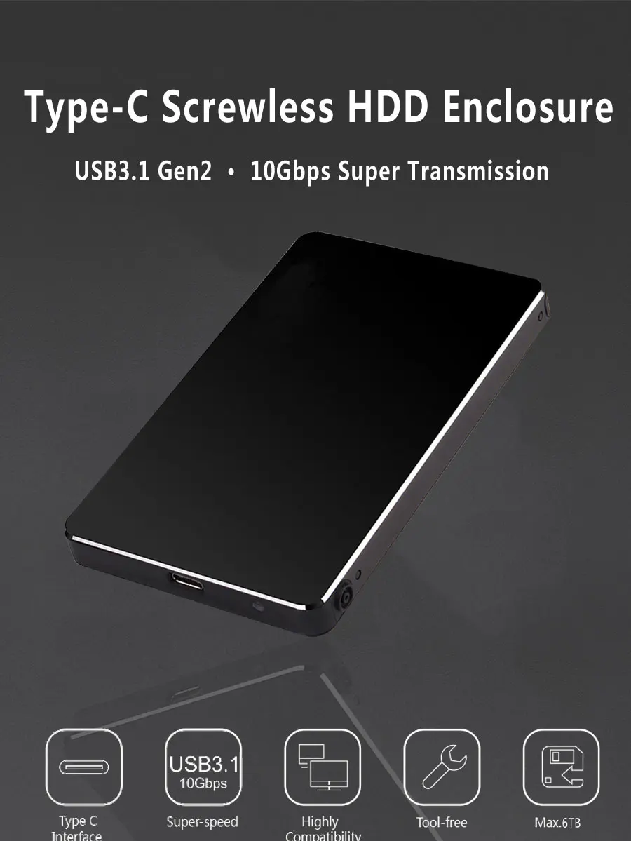 Безвинтовой USB3.1 Gen2 type-C 2," внешний SSD/HDD корпус жесткого диска/чехол с USB-C 10 Гбит/с для ноутбука MAC PC Настольный компьютер
