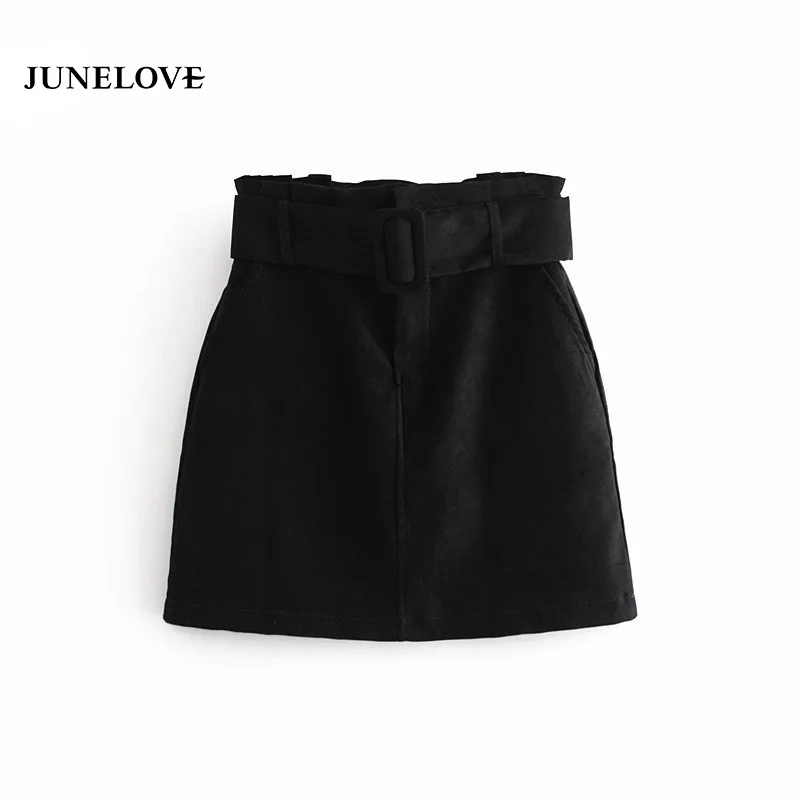 JuneLove 2019 черная мини-юбка из искусственной замши с эластичным поясом и карманами