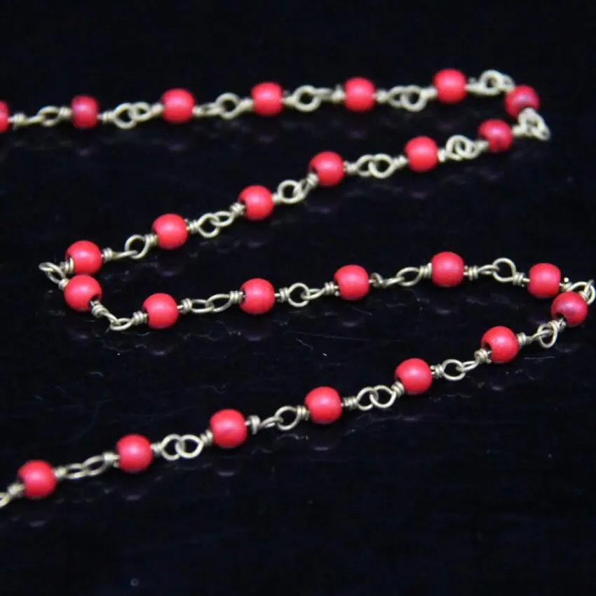 

5Meter,4mm Round beads Red Howlite Fashion Rosary Chain,Red Turquoises beads Wire Wrapped Link Chain DIY Bracelet Necklace