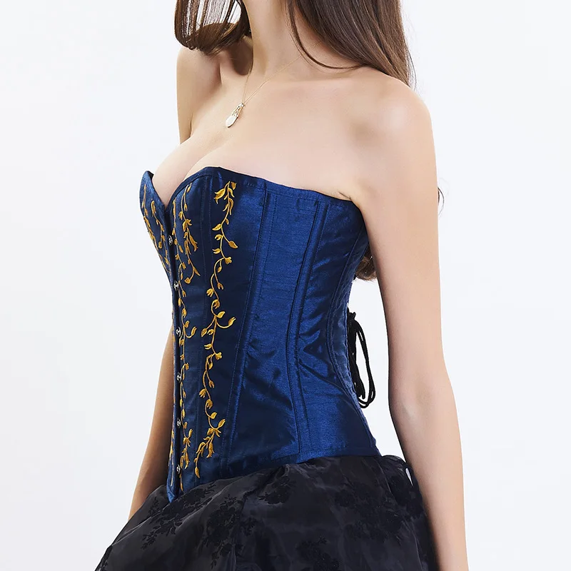 Синий/золотистой вышивкой атласное в викторианском стиле корсет со стальными