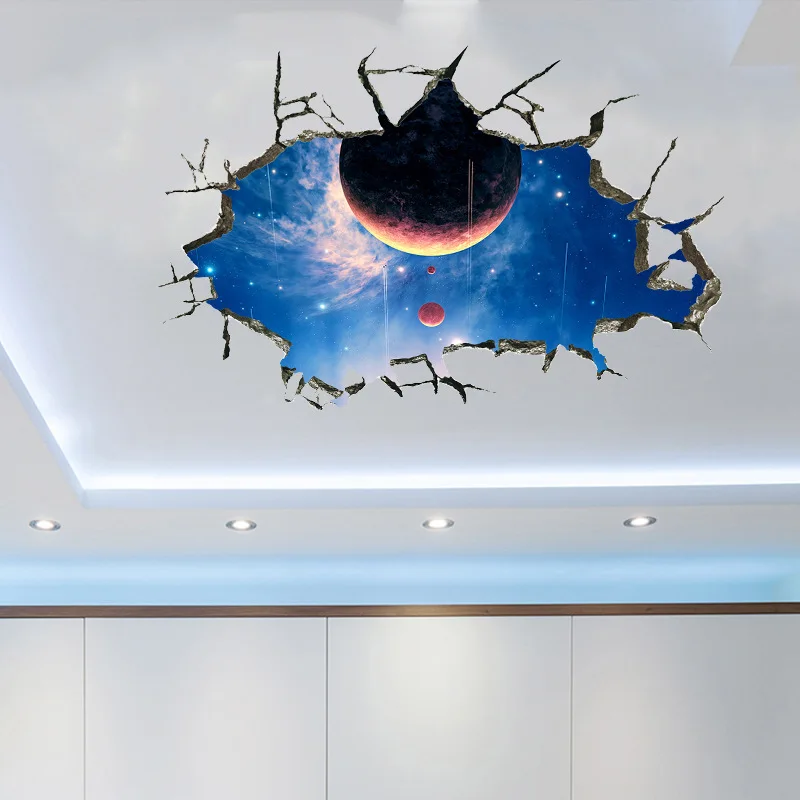3D Broken Universe Planet Space Night Wall Stickers For Home Decoration Hole Mural Art Diy Kids Room Living Decals | Дом и сад