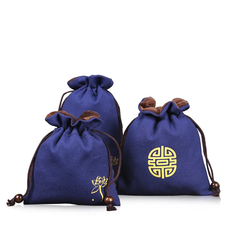 Льняной синий бархатный мешочек на шнурке для украшений упаковка макияжа