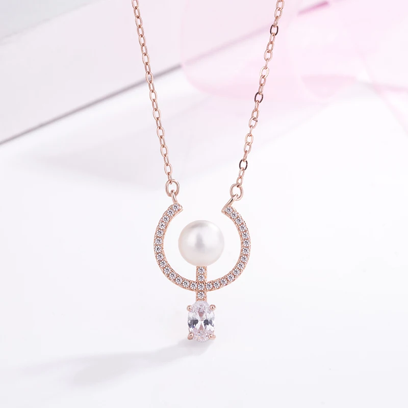 

Brand jewelry Simple 925 sterling silver Geometric pendant necklace Faux Pearl Chocker necklace fashion jewelry for women