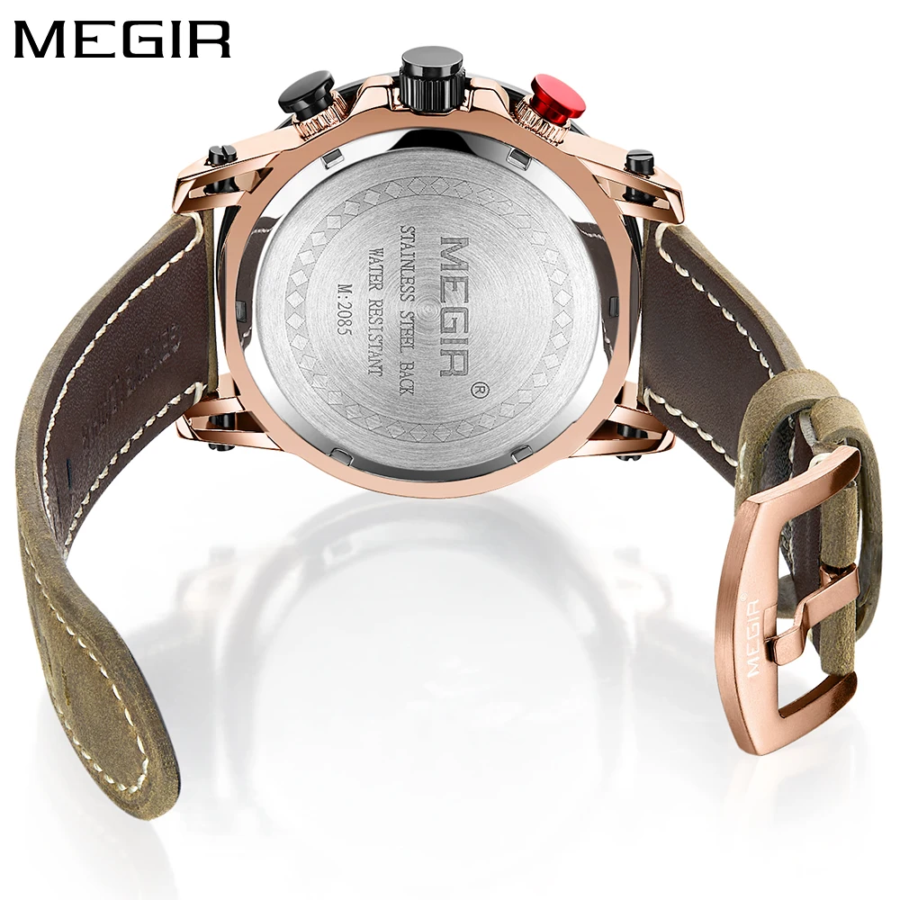 MEGIR Роскошные брендовые модные золотые часы для мужчин коричневый кожаный