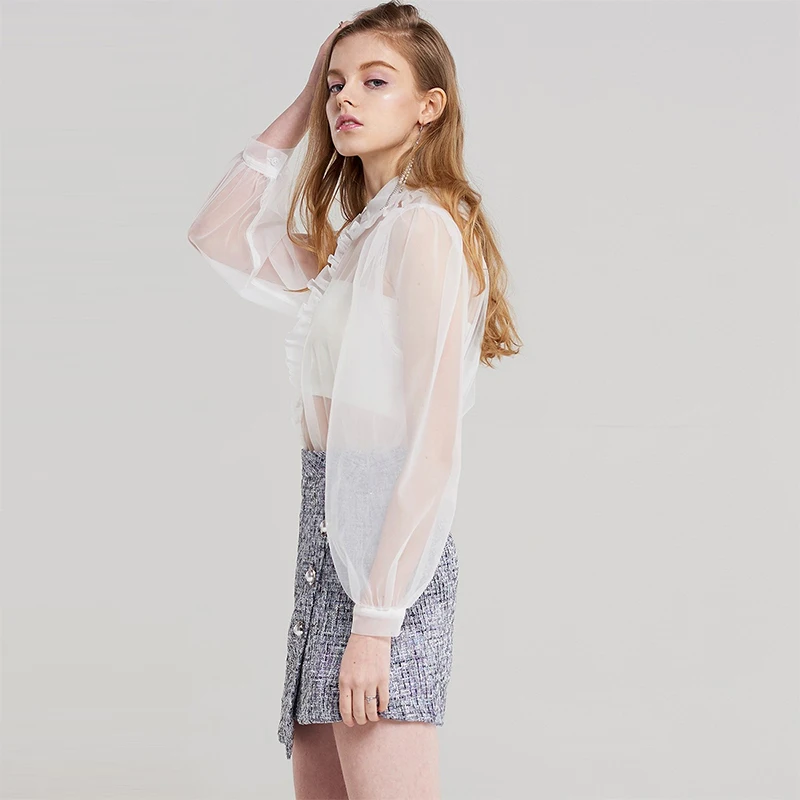 Zhizaolian Для женщин Повседневное одноцветное Белый See Through сетки блузка Chic свободные