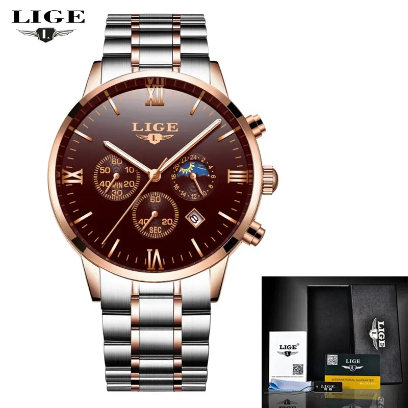 Steel Brown LIGE новые мужские часы лучший бренд класса люкс мужские кварцевые часы человек полный стальной Многофункциональный Дата модные спортивные часы Relogio Masculino - Цвет: Steel Brown