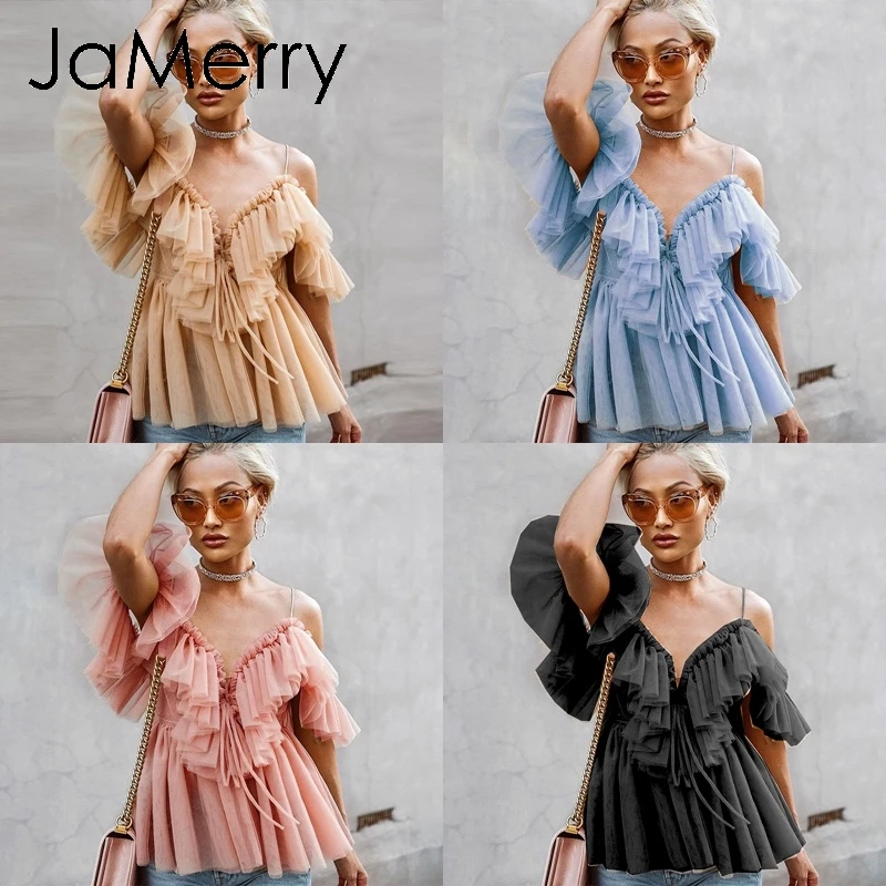 JaMerry, винтажная, сексуальная, boho, сетчатая блузка, рубашка, женская, повседневная, одноцветная, с рюшами, рукав, элегантные топы, летние, на шнуровке, для девушек, blusas