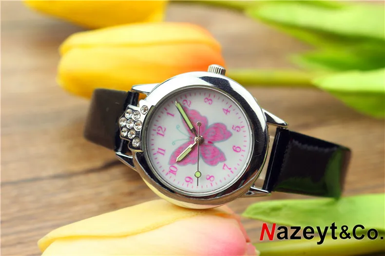 Nazeyt детские часы с персонажами мультфильмов для девочек прекрасный циферблат с бабочкой светящиеся стрелки Хрустальные кожаные часы с бриллиантами подарок на день детей
