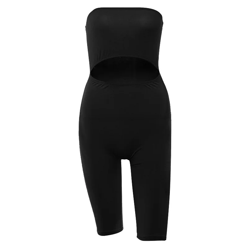 

Flymokoii Woman Sexy Skinny Solid Party bodycon Rompers Bodysuits Female Short Hollow Out Strapless Black Playsuit Push Up Hip