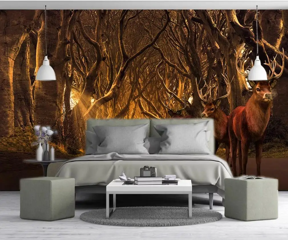 Custom large 3D mural wallpaper Nordic forest elk landscape background wall