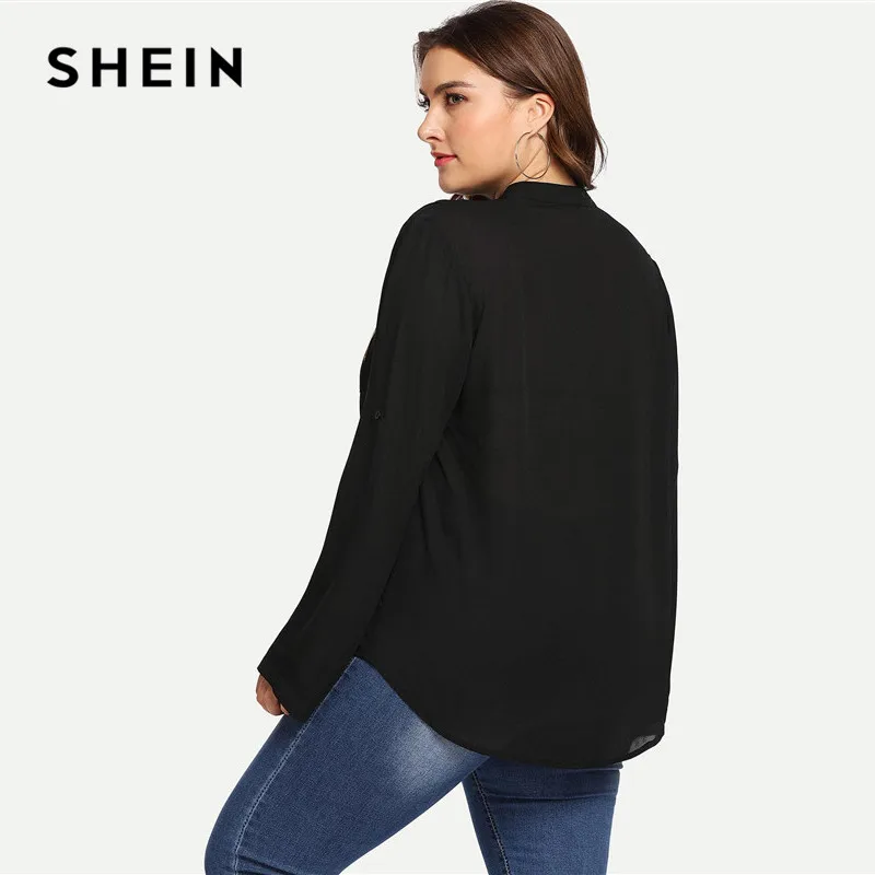SHEIN Топ Размера Плюс С Карманом Стильный Топ С Контрастной Вставкой И Длинным Рукавом