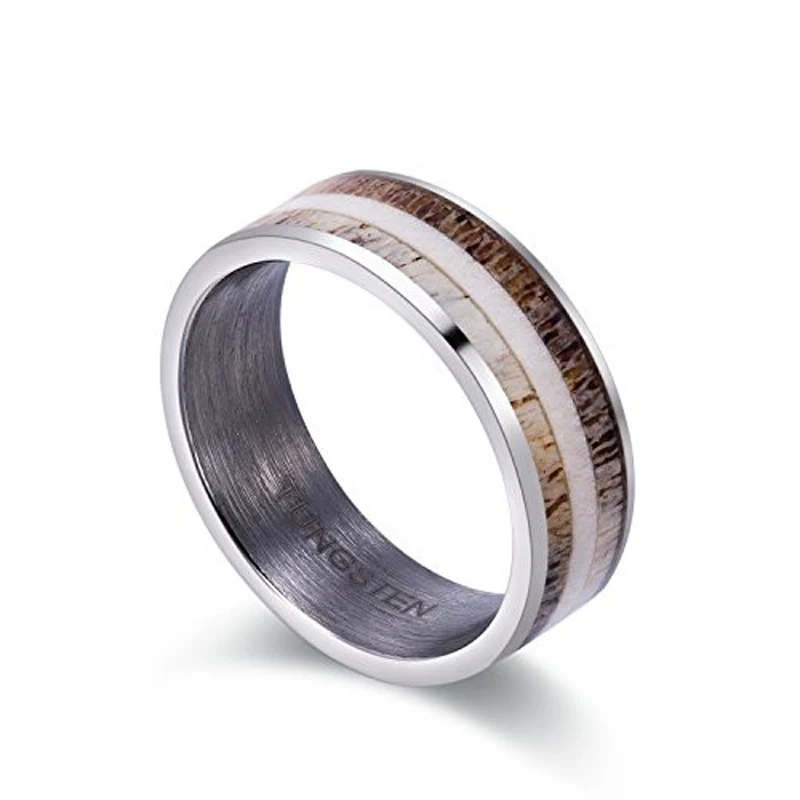 

New Arrival Two Tones Natural Antler Inlay Tungsten Carbide Wedding Rings for Man Woman Brushed Finished Inside Comfort Fit