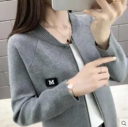 Серый Women Cardigan New Fashion Autumn Casual Long Sleeve zipper Short Knitted Sweater Cardigan Coat For Women knit Jacket Tops - Цвет: Серый