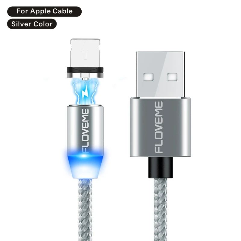 For Apple Silver FLOVEME 2A Магнитный зарядный кабель для быстрой зарядки Micro usb type C кабель для освещения USBC/type-C кабель для iPhone samsung - Цвет: For Apple Silver