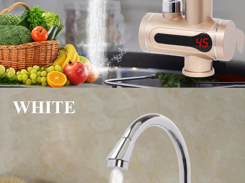 EU Plug Gold Faucet Water Heater Kran Instant Tankless Hotwater Boiler Kraan Kitchen Heating Crane With LED Light Kocher Bib Tap