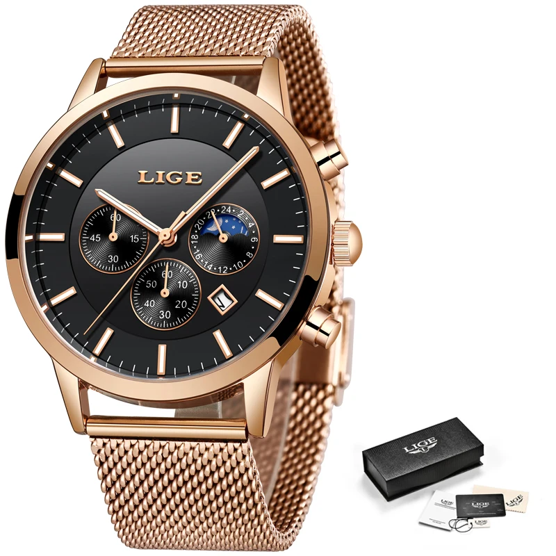 LIGE New Watch Men Casual Grid All Steel Strap Male Automatic Date Waterproof Sport Quartz Wristwatch Luxury Chronograph+Box | Наручные