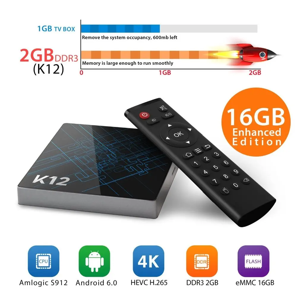 Qacqoc K12 Android 6.0 ТВ Box с Amlogic S912 Octa core 2 г/16 г WI-FI 5 г/ 2.4 Bluetooth4.1 4K2k HD декодирования H.265 Умные