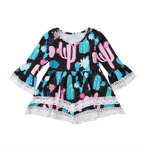 Kids Baby Girl One Piece Cactus Long Sleeve Cotton Lace Casual Dress Enfant Kid Children Girls Print Brief Soft Dresses 2-7T | Детская