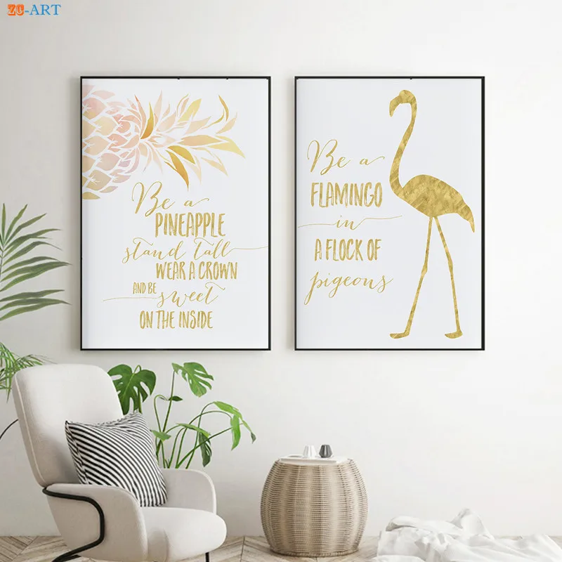 Flamingo Pineapple Print Poster Watercolor Gold Nursery Decor Quote Canvas Paianting Wall Art Pictures Living Room Home Decor