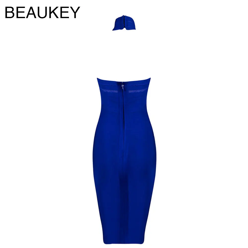 Женское облегающее платье BEAUKEY синее из вискозы с лямкой на шее открытой спиной
