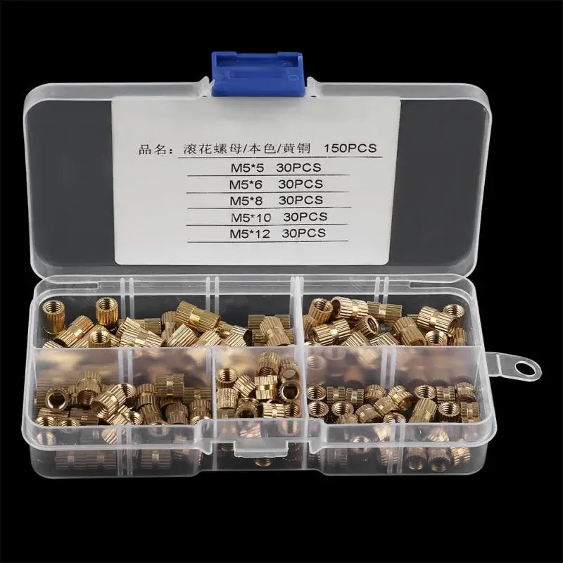 

150Pcs/Lot M5 Brass Nuts Cylinder Knurled Nut Threaded Insert nuts Fastener Embedded Nut Assortment Kit New Arrival