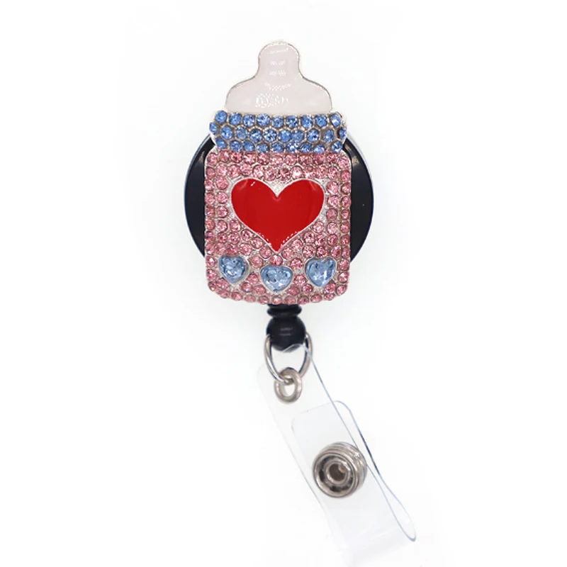 

Hot selling Rhinestone cute nurse design nursing/milk bottle Retractable ID Badge Holder reel for gift/party