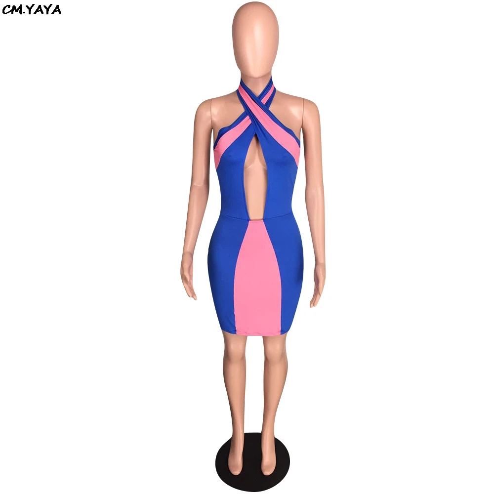 Женское мини-платье с лямкой на шее v-образным вырезом открытой спиной выше