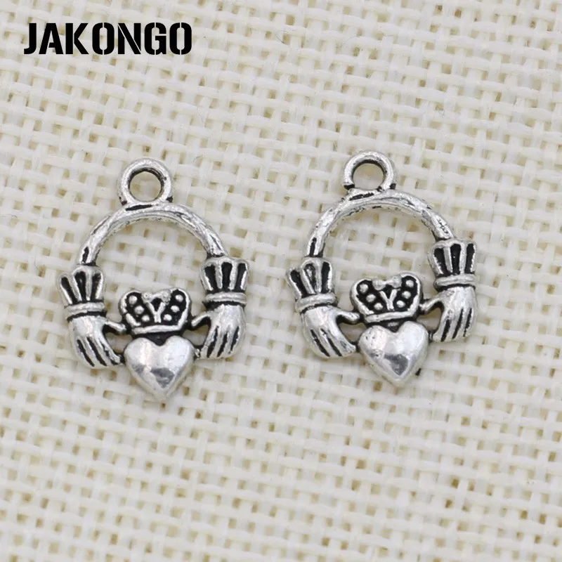 

JAKONGO Antique Silver Plated Hand Heart Charm Pendant for Jewelry Making Bracelet Accessories DIY 18x13mm 25PCS/lot