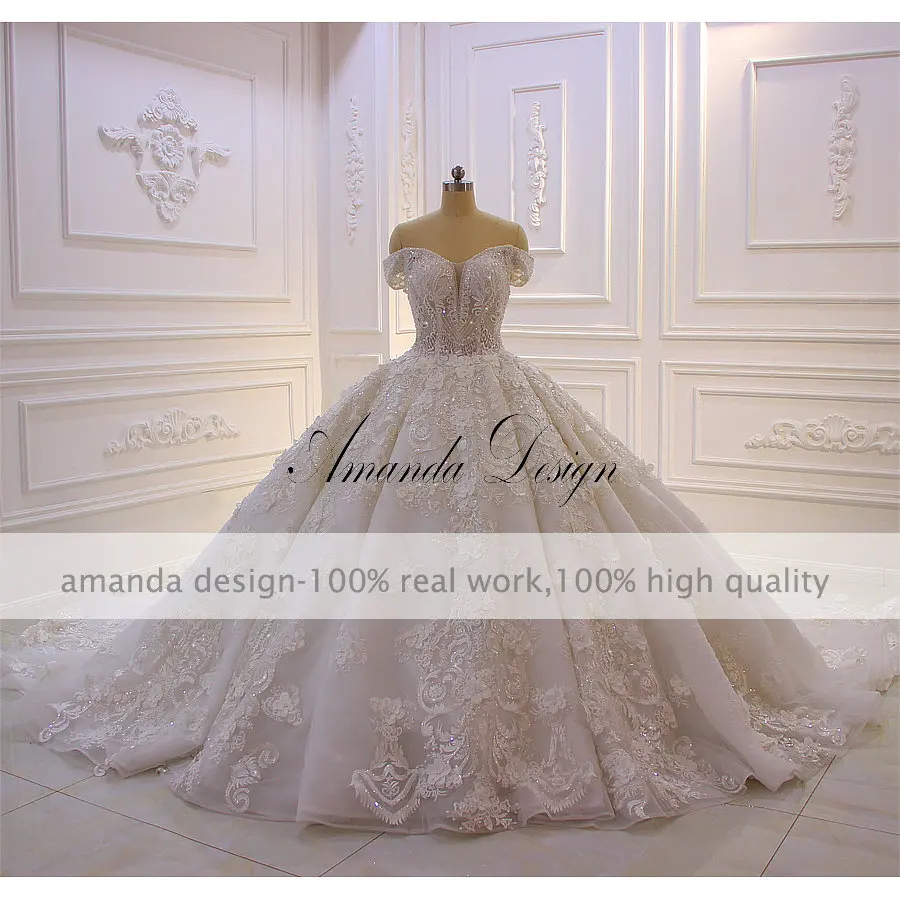 Robe mariage с открытыми плечами короткий рукав кружева аппликации 3D цветок роскошное свадебное платье