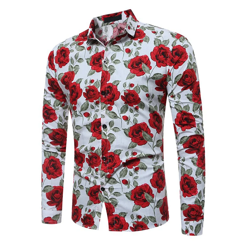 Hemiks Men'S Floral Shirt Spring Stand Collar Long Sleeve Flower Shirt Casual Button Tops Men'S Clothing - Цвет: White