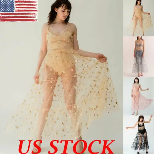 2019 женское Сетчатое Прозрачное платье макси со звездами накидка на бикини