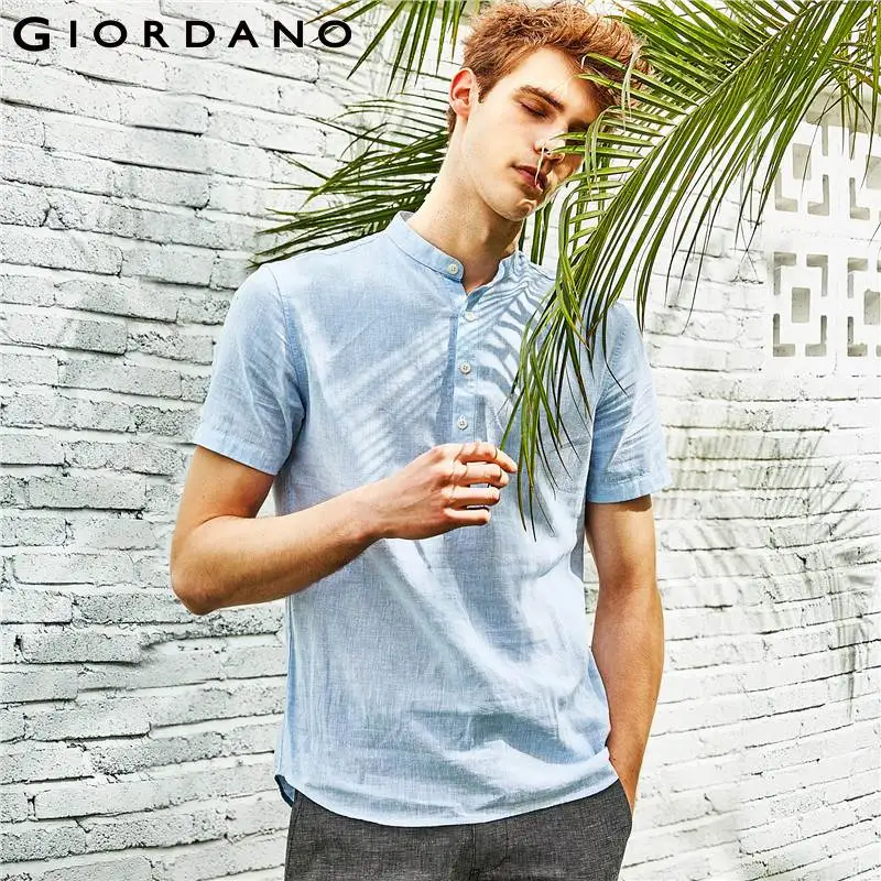 Giordano Мужская рубашка из льна и хлопка воротник с короткими рукавами мужская