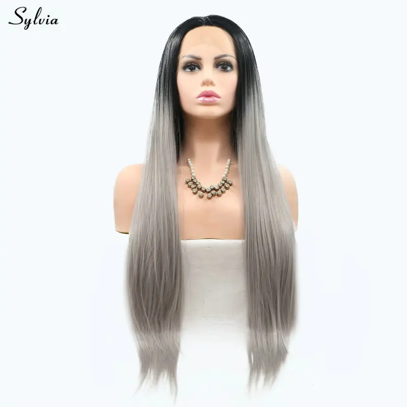 

Sylvia Black To Grey Ombre Two Tones Long Silky Straight Wigs Synthetic Lace Front Wig Heat Resistant Fiber Hair For Women