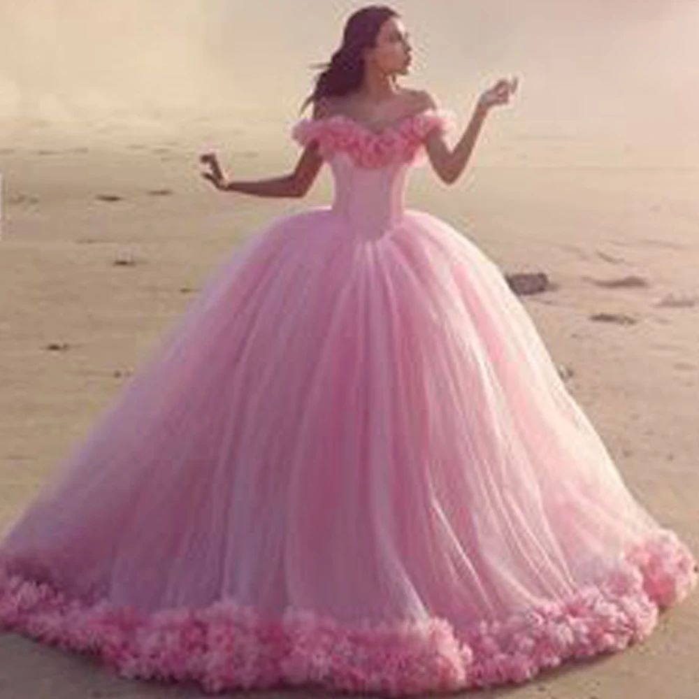 Женское вечернее платье с открытыми плечами Розовое Бальное ручной работы