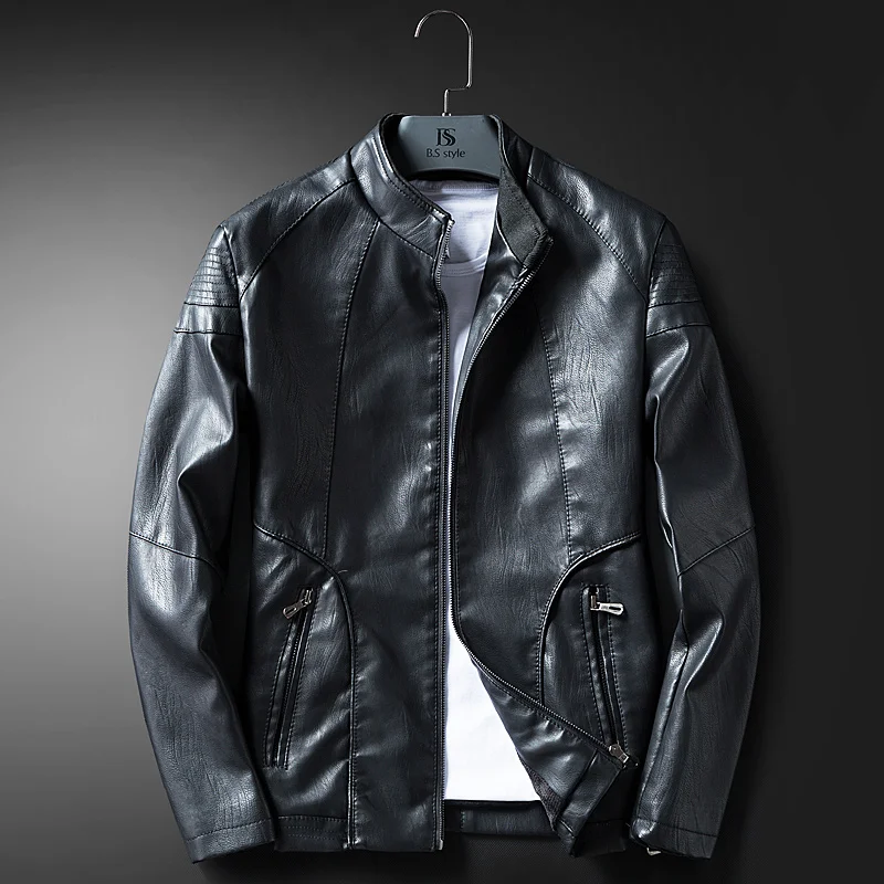 кожаная куртка Slim Fit Искусственного мужская PU мото Черный Основные Vintage пиджак