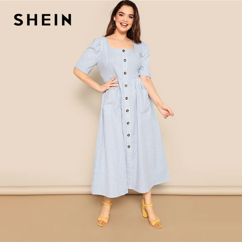 SHEIN, платье размера плюс, синее, с карманом, с заплатками, на пуговицах, в полоску, с карманом,, женское летнее повседневное Цельнокройное расклешенное платье с квадратным вырезом