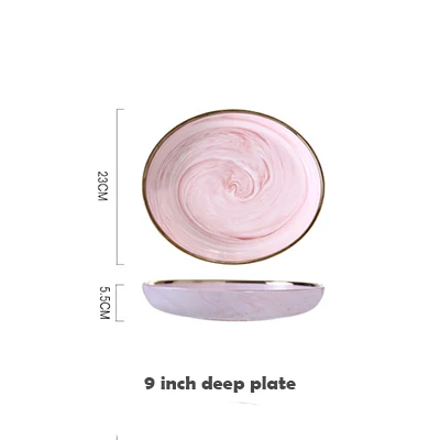 9 Inch Deep Plate 1 шт., розовое Мраморное керамическое обеденное блюдо, тарелка для риса, салата, лапши, миска для супа, фарфоровая тарелка, наборы посуды, посуда, кухонный инструмент - Цвет: 9 Inch Deep Plate