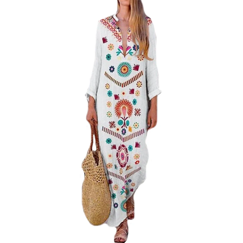 

NDUCJSI Tunic V neck Casual Vestido Plus Size XXXL Loose Long Vintage Dress Boho Shirt Maxi Dress Robe Female White
