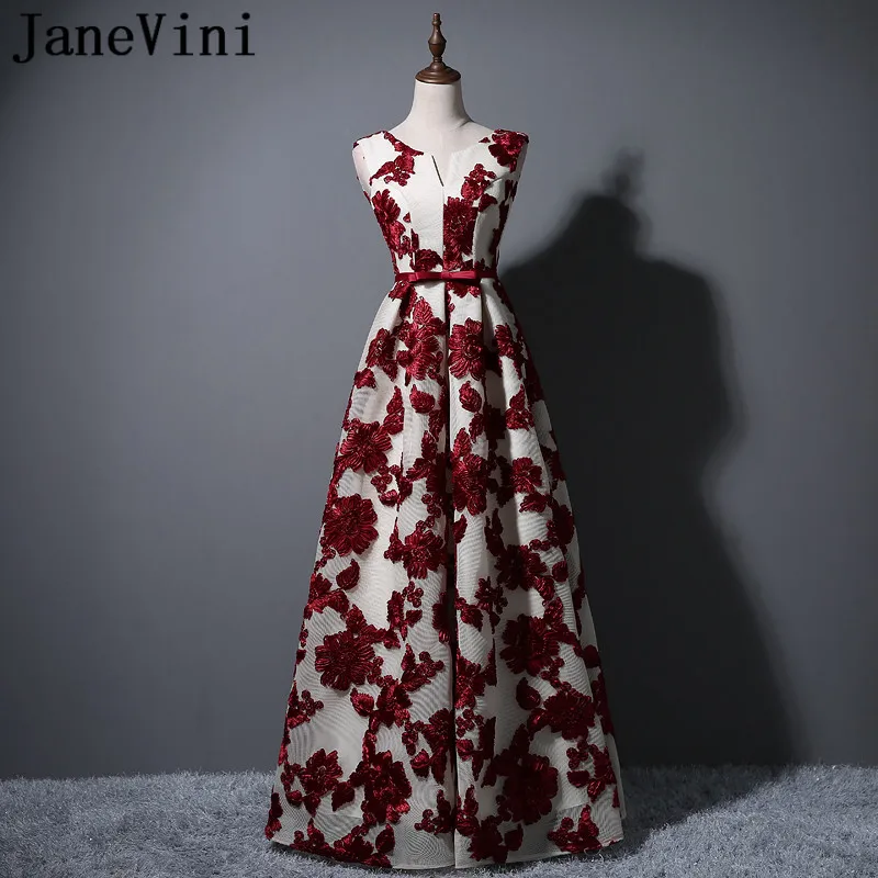 JaneVini Elegant V-Neck Lace Long Bridesmaids Dresses Sisters Women Wedding Party Dress Burgundy Bow Formal Prom Gowns 2020