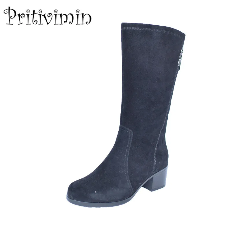 Женские теплые меховые сапоги до середины икры брендовые замшевые ручной работы