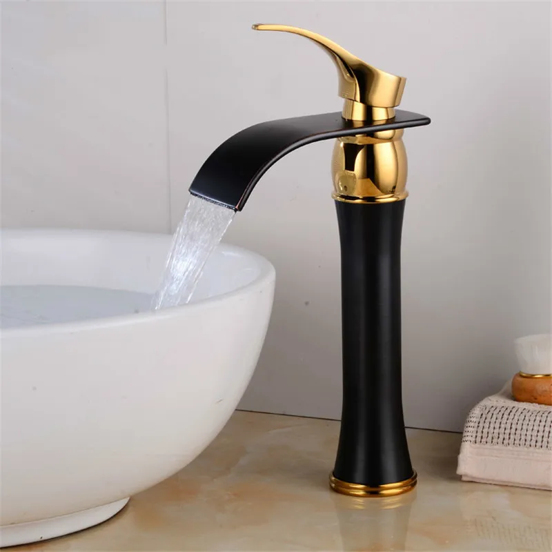

Basin Faucet Single Handle Black & Gold Brass Waterfall Basin Mixer Tap Hot & Cold Bathroom Faucets Sink Waterfall Faucet Drain