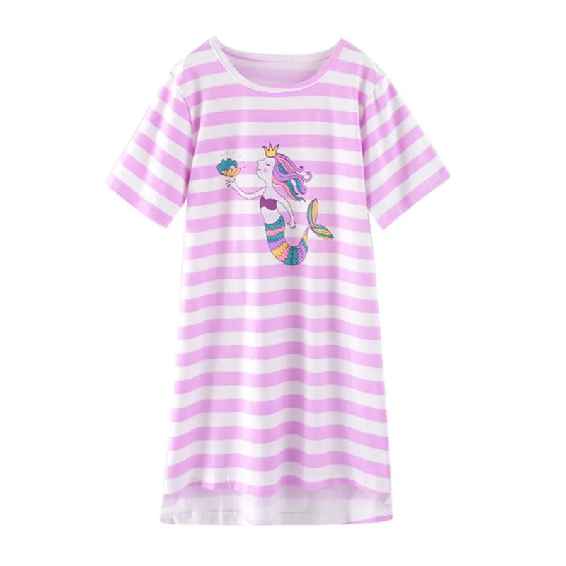 Purple Mermaid Хлопковые ночные рубашки для девочек; летняя детская одежда; детская ночная рубашка; домашняя одежда для маленьких девочек; пижамы; платье; Ночные сорочки в полоску с героями мультфильмов - Цвет: Purple Mermaid