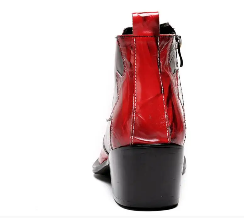 Zobairou Korean Style Luxury Brand Patent Leather Red Weddding Boots Pointy Toe Motorcycle Cowboy Boots High Heels Shoes Men images - 6