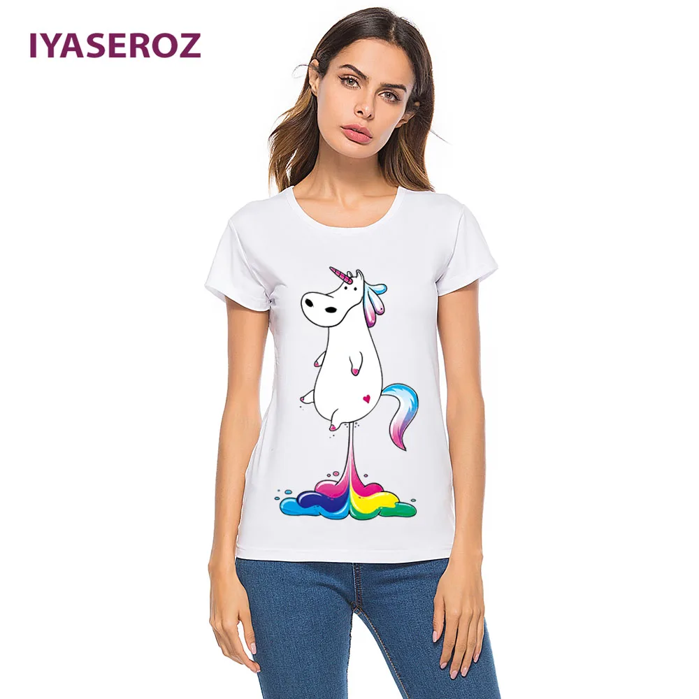 IYASEROZ 2018 Лето 3D Halajuku футболка Для женщин смешно rainbow Unicorn что пердеть с круглым