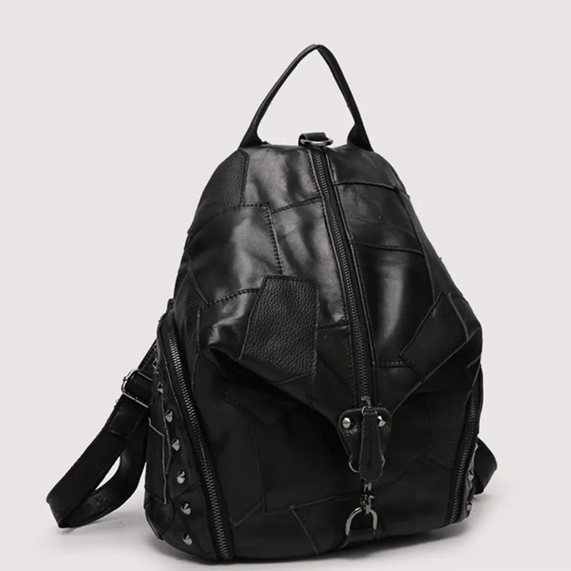 Women Genuine Leather Backpack With Soft Handle Designer High Quality Sheep Skin Patchwork Rivet Backpacks For Travel 2colors | Багаж и