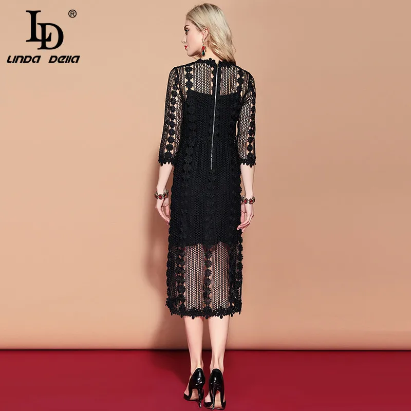 Женское винтажное платье LD LINDA DELLA черное ажурное с цветочным принтом на весну 2019 |
