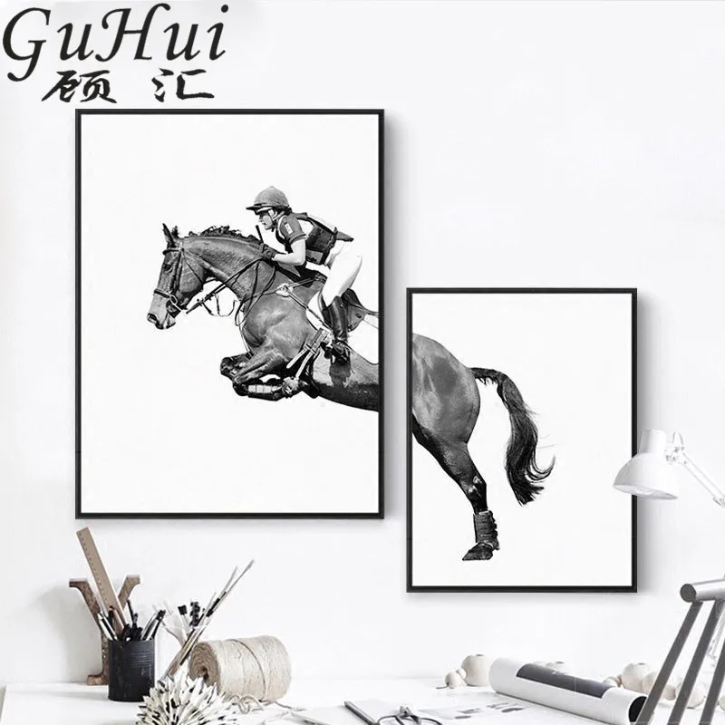 Скачущая лошадка черно белые картины холщовая Настенная картина Equestrianism