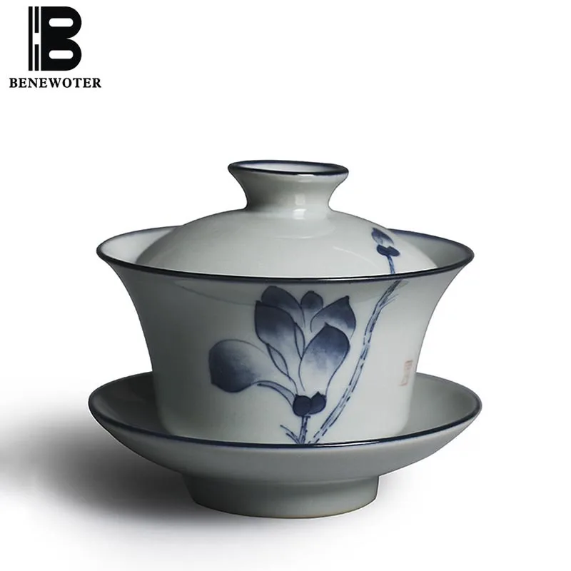 160 мл Ретро Longquan Celadon Gaiwan ручная роспись Лотос чайная чашка Tureen чайный набор кунг