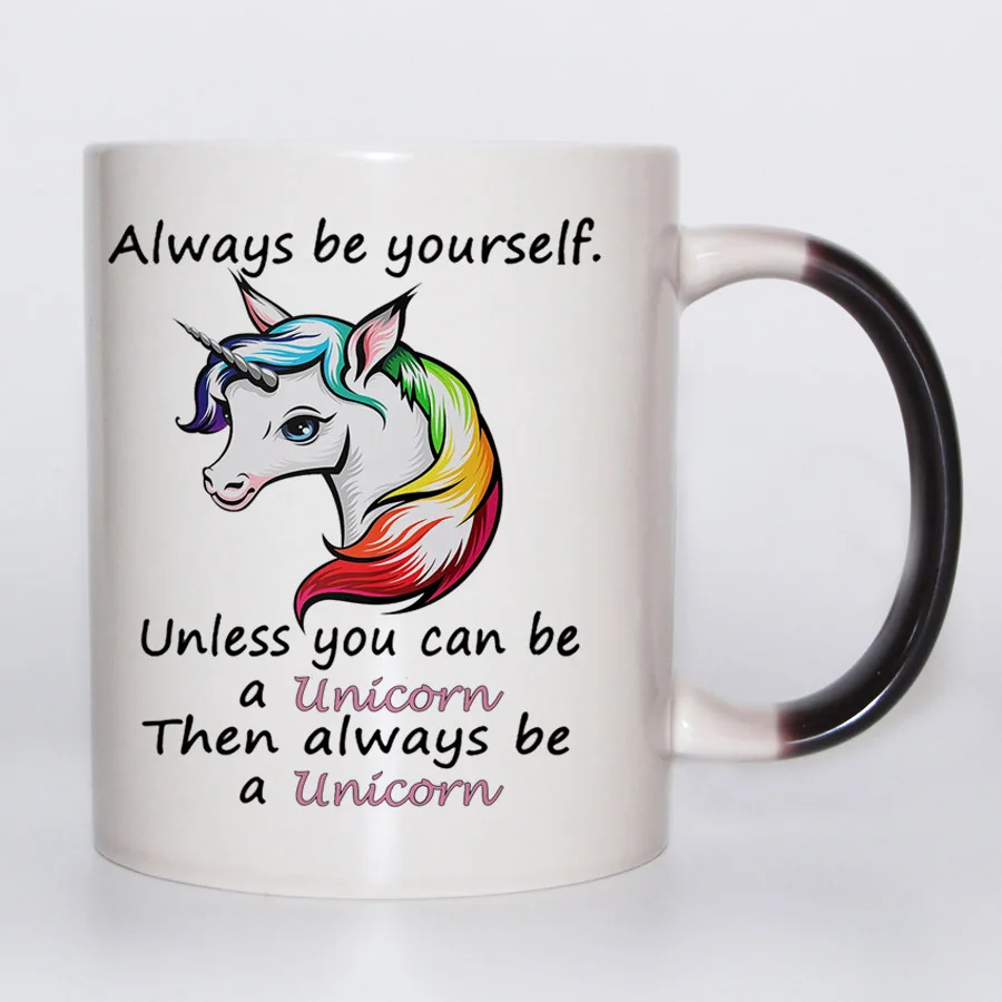 Фото Забавные мультяшные кружки с единорогом Always be Yourself, меняющие цвет, волшебная Термочувствительная кофейная кружка, кружка из костяного фарфора, кружка для чая №4